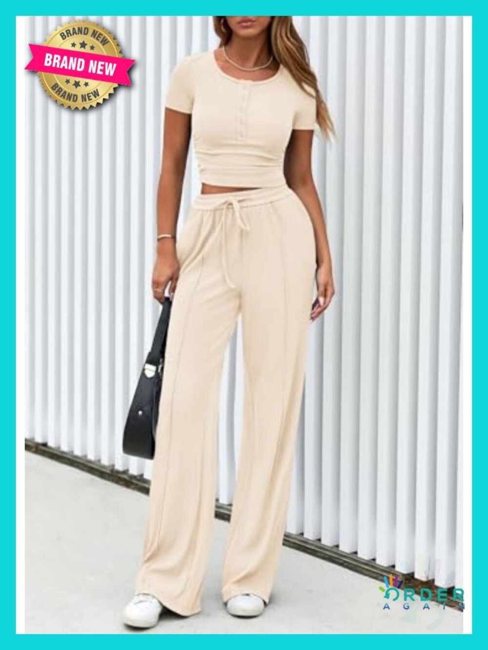 PRETTYGARDEN Women's 2 Piece Lounge Set Ribbed Knit Crop Top Wide Leg Pants - Picture 2 of 6